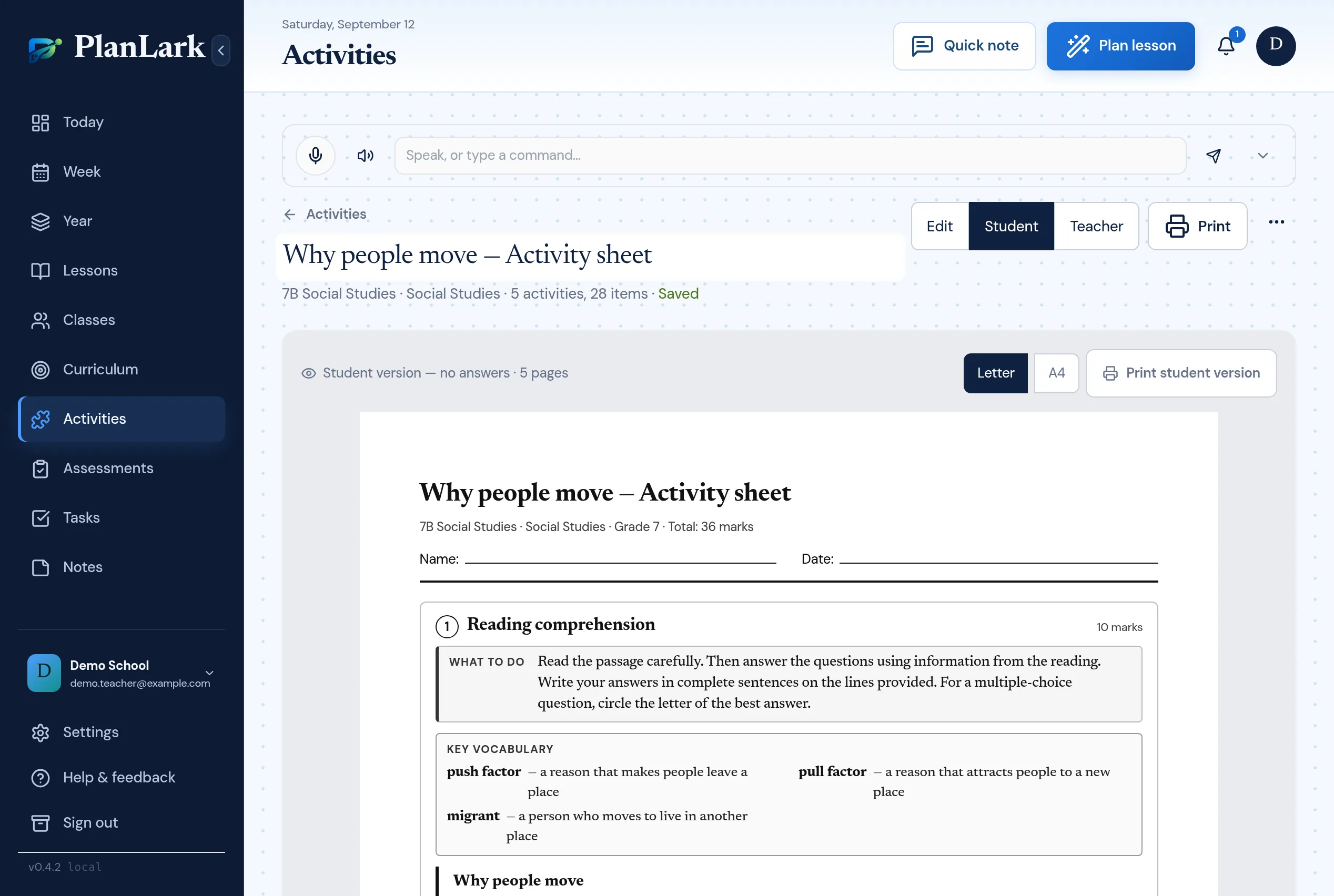 The PlanLark Activity Builder showing a Student preview of a worksheet as real pages: the sheet title, name and date lines, and a Reading comprehension activity with its What-to-do panel and key vocabulary box