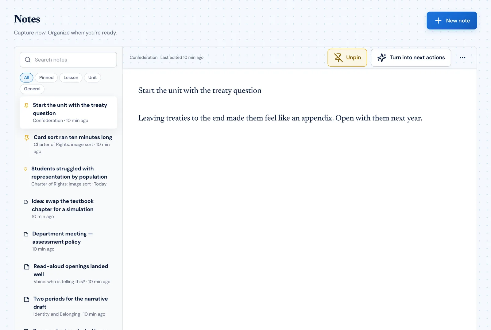 The PlanLark Notes view with All, Pinned, Lesson, Unit and General filters, a searchable list of teacher notes, and one note open in the editor