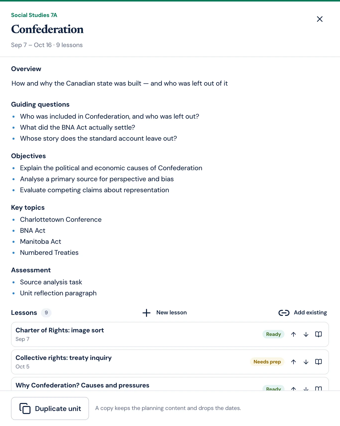 The PlanLark unit workspace for Confederation showing its overview, three guiding questions, objectives, key topics, assessment list, and its lessons with preparation badges and reorder controls